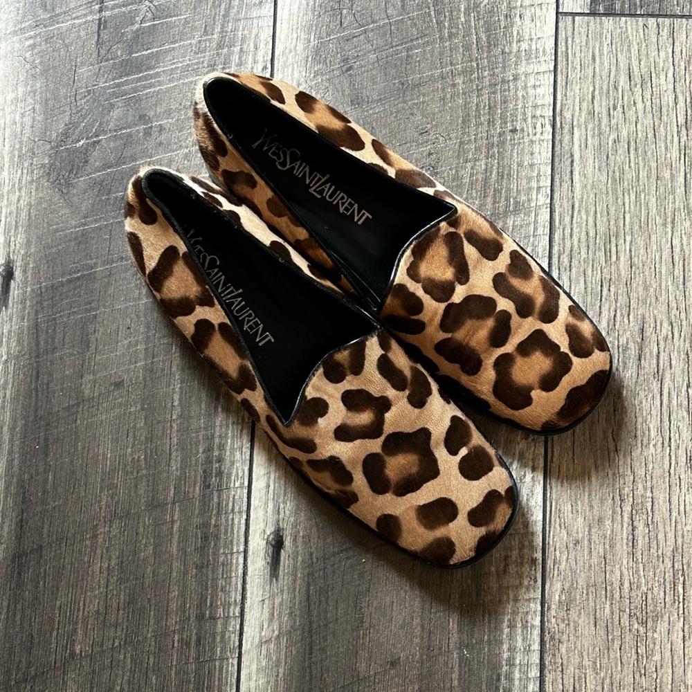 Yves Saint Laurent Leopard Print Loafers Brown Black Designer Slip On Shoes - Picture 2 of 8